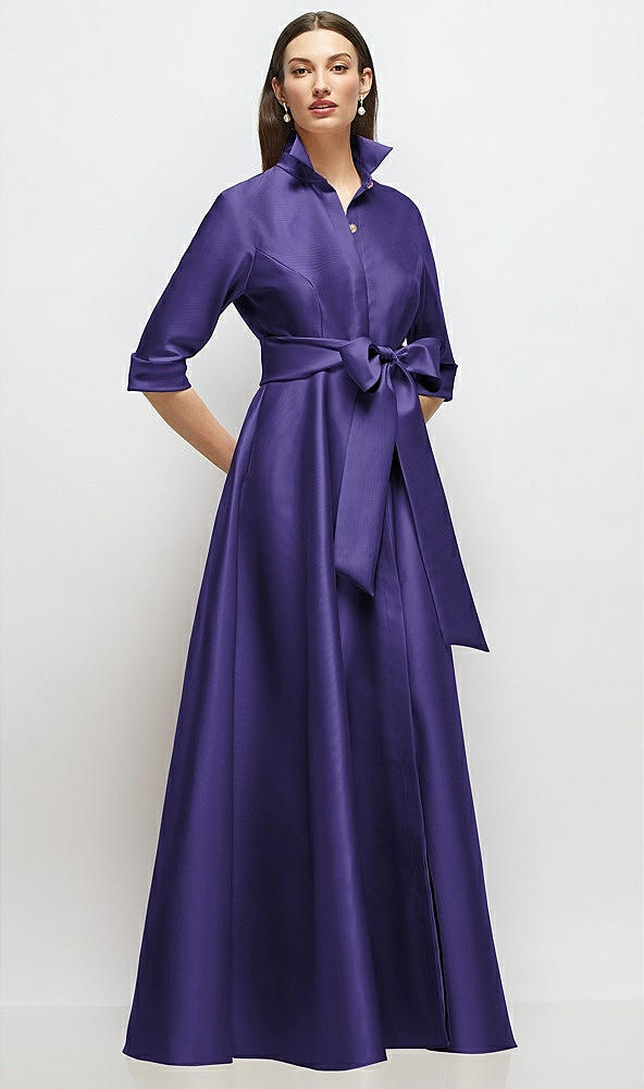 Front View - Grape 3/4 Sleeve Satin Shirt Dress Gown with Sash and Jeweled Buttons