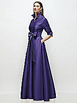 Side View Thumbnail - Grape 3/4 Sleeve Satin Shirt Dress Gown with Sash and Jeweled Buttons