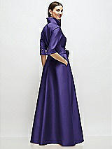 Rear View Thumbnail - Grape 3/4 Sleeve Satin Shirt Dress Gown with Sash and Jeweled Buttons
