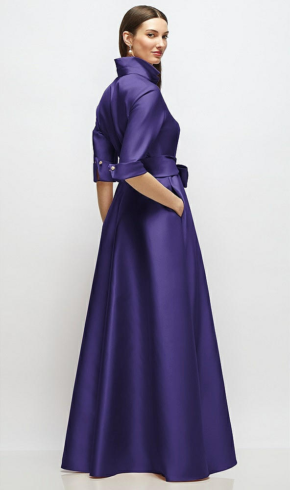 Back View - Grape 3/4 Sleeve Satin Shirt Dress Gown with Sash and Jeweled Buttons