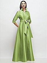 Front View Thumbnail - Mojito 3/4 Sleeve Satin Shirt Dress Gown with Sash and Jeweled Buttons