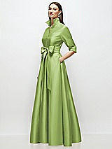 Side View Thumbnail - Mojito 3/4 Sleeve Satin Shirt Dress Gown with Sash and Jeweled Buttons