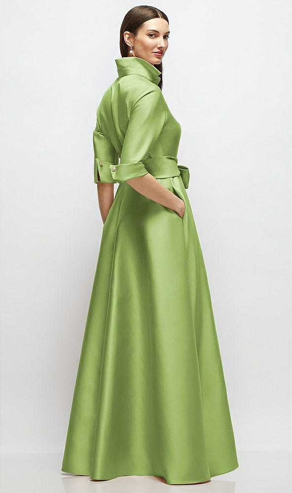 Back View - Mojito 3/4 Sleeve Satin Shirt Dress Gown with Sash and Jeweled Buttons