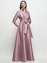Front View Thumbnail - Dusty Rose 3/4 Sleeve Satin Shirt Dress Gown with Sash and Jeweled Buttons