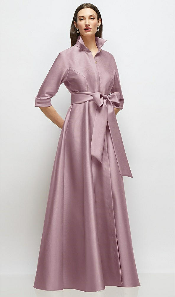 Front View - Dusty Rose 3/4 Sleeve Satin Shirt Dress Gown with Sash and Jeweled Buttons