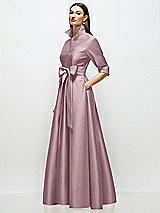 Side View Thumbnail - Dusty Rose 3/4 Sleeve Satin Shirt Dress Gown with Sash and Jeweled Buttons