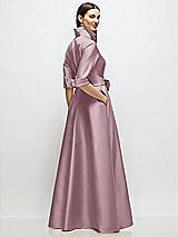 Rear View Thumbnail - Dusty Rose 3/4 Sleeve Satin Shirt Dress Gown with Sash and Jeweled Buttons