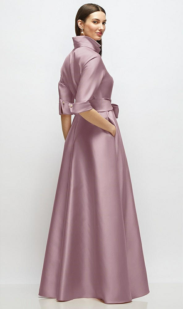 Back View - Dusty Rose 3/4 Sleeve Satin Shirt Dress Gown with Sash and Jeweled Buttons