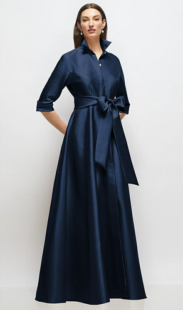 Front View - Midnight Navy 3/4 Sleeve Satin Shirt Dress Gown with Sash and Jeweled Buttons