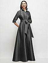 Front View Thumbnail - Pewter 3/4 Sleeve Satin Shirt Dress Gown with Sash and Jeweled Buttons