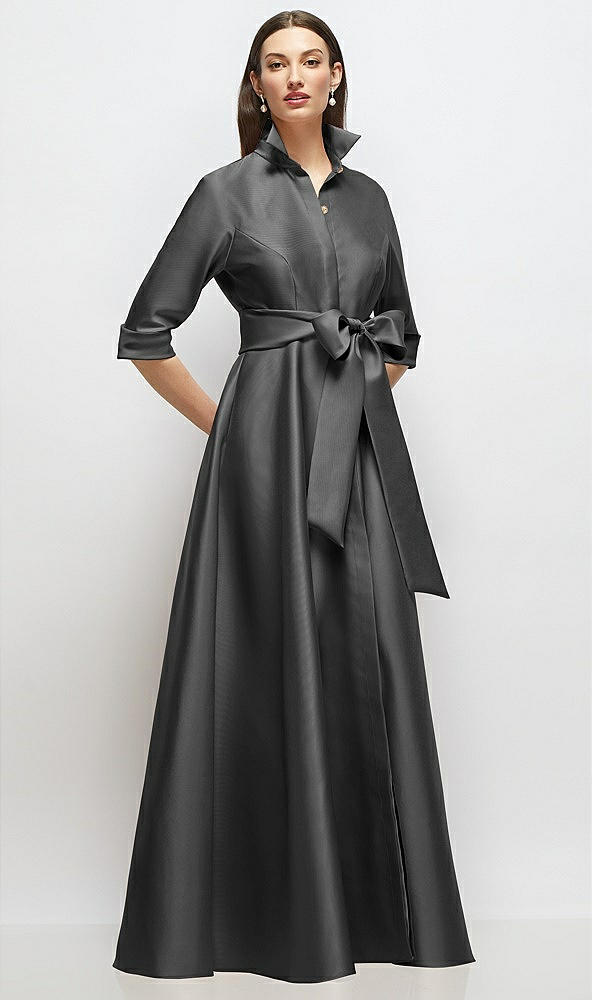 Front View - Pewter 3/4 Sleeve Satin Shirt Dress Gown with Sash and Jeweled Buttons