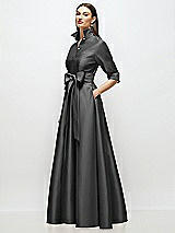 Side View Thumbnail - Pewter 3/4 Sleeve Satin Shirt Dress Gown with Sash and Jeweled Buttons
