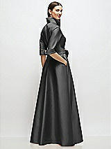 Rear View Thumbnail - Pewter 3/4 Sleeve Satin Shirt Dress Gown with Sash and Jeweled Buttons