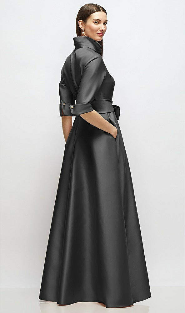Back View - Pewter 3/4 Sleeve Satin Shirt Dress Gown with Sash and Jeweled Buttons