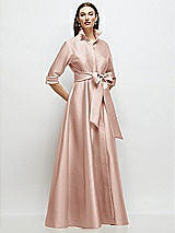 Front View Thumbnail - Toasted Sugar 3/4 Sleeve Satin Shirt Dress Gown with Sash and Jeweled Buttons
