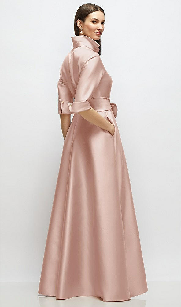 Back View - Toasted Sugar 3/4 Sleeve Satin Shirt Dress Gown with Sash and Jeweled Buttons