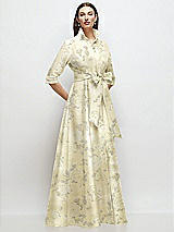 Front View Thumbnail - Butter Yellow Floral 3/4 Sleeve Floral Satin Shirt Dress Gown with Sash and Jeweled Buttons
