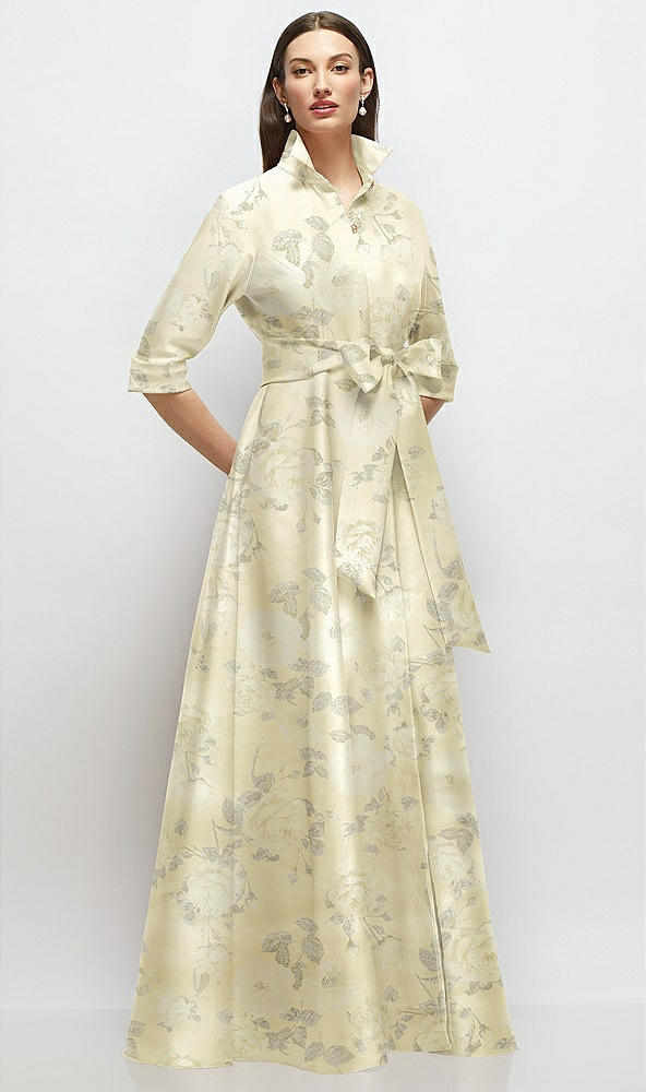 Front View - Butter Yellow Floral 3/4 Sleeve Floral Satin Shirt Dress Gown with Sash and Jeweled Buttons