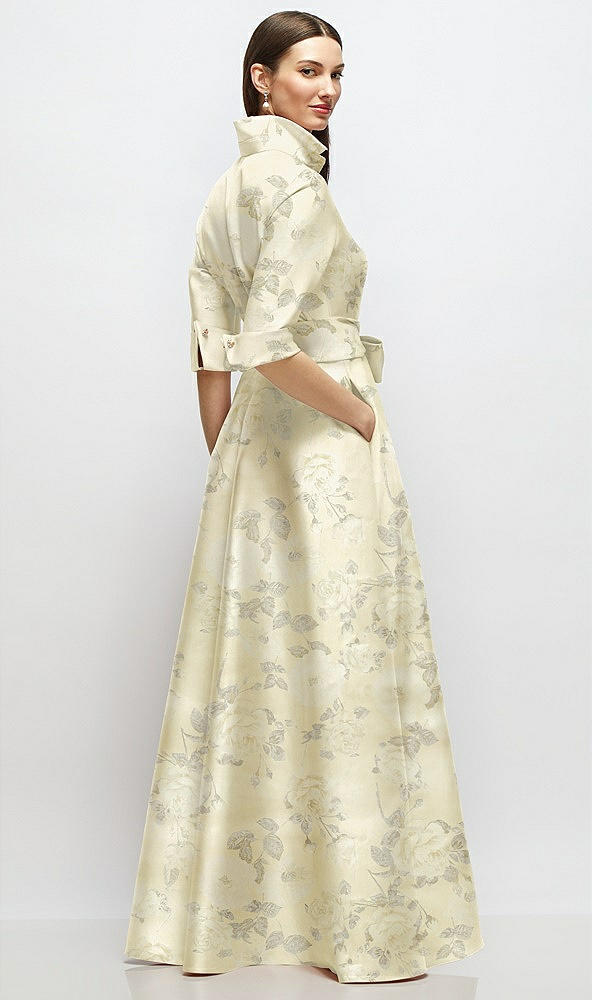 Back View - Butter Yellow Floral 3/4 Sleeve Floral Satin Shirt Dress Gown with Sash and Jeweled Buttons