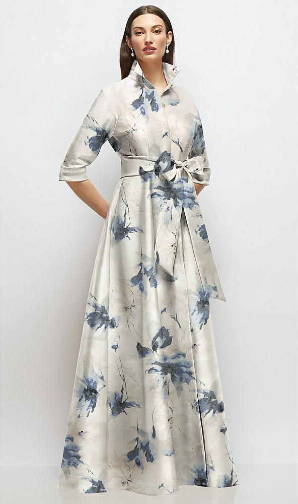 Front View - Inkwash Blue Floral 3/4 Sleeve Floral Satin Shirt Dress Gown with Sash and Jeweled Buttons