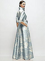 Rear View Thumbnail - Porcelain Blue Seraphina Floral 3/4 Sleeve Floral Satin Shirt Dress Gown with Sash and Jeweled Buttons