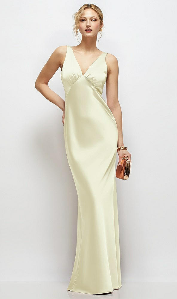 Front View - Butter Yellow Sleeveless V-Neck Stretch Satin Bias Slip Maxi Dress