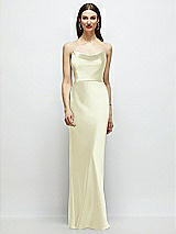 Alt View 1 Thumbnail - Butter Yellow Basque-Neck A-Line Stretch Satin Maxi Dress with Off-the-Shoulder Drape
