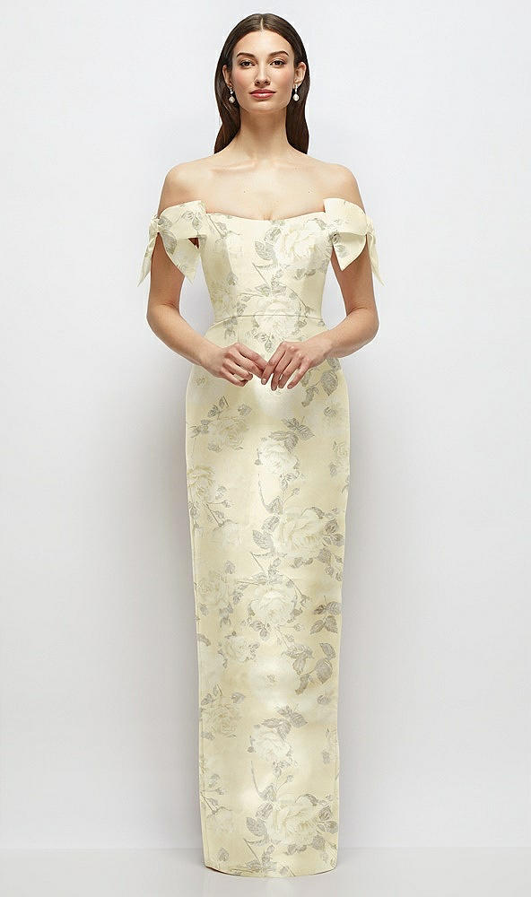 Front View - Butter Yellow Floral Basque-Neck Floral Satin Column Maxi Dress with Off-the-Shoulder Bows