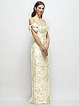 Side View Thumbnail - Butter Yellow Floral Basque-Neck Floral Satin Column Maxi Dress with Off-the-Shoulder Bows