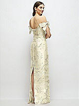 Rear View Thumbnail - Butter Yellow Floral Basque-Neck Floral Satin Column Maxi Dress with Off-the-Shoulder Bows