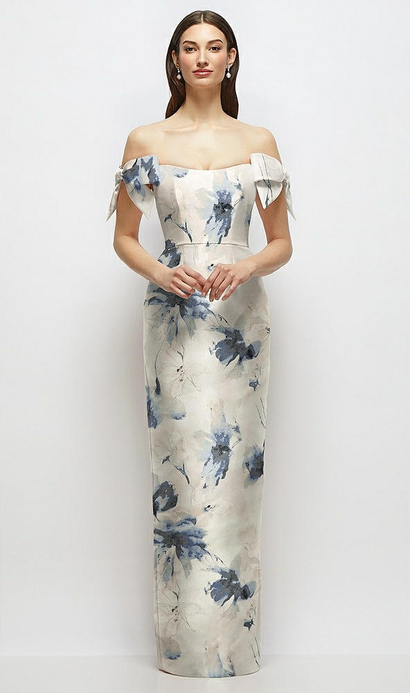 Front View - Inkwash Blue Floral Basque-Neck Floral Satin Column Maxi Dress with Off-the-Shoulder Bows