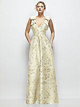 Front View Thumbnail - Butter Yellow Floral Deep V-Neck Floral Satin Ball Gown with Shoulder Bows