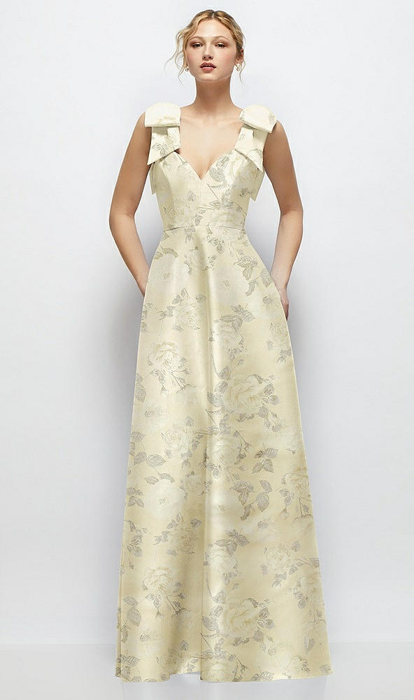 Front View - Butter Yellow Floral Deep V-Neck Floral Satin Ball Gown with Shoulder Bows