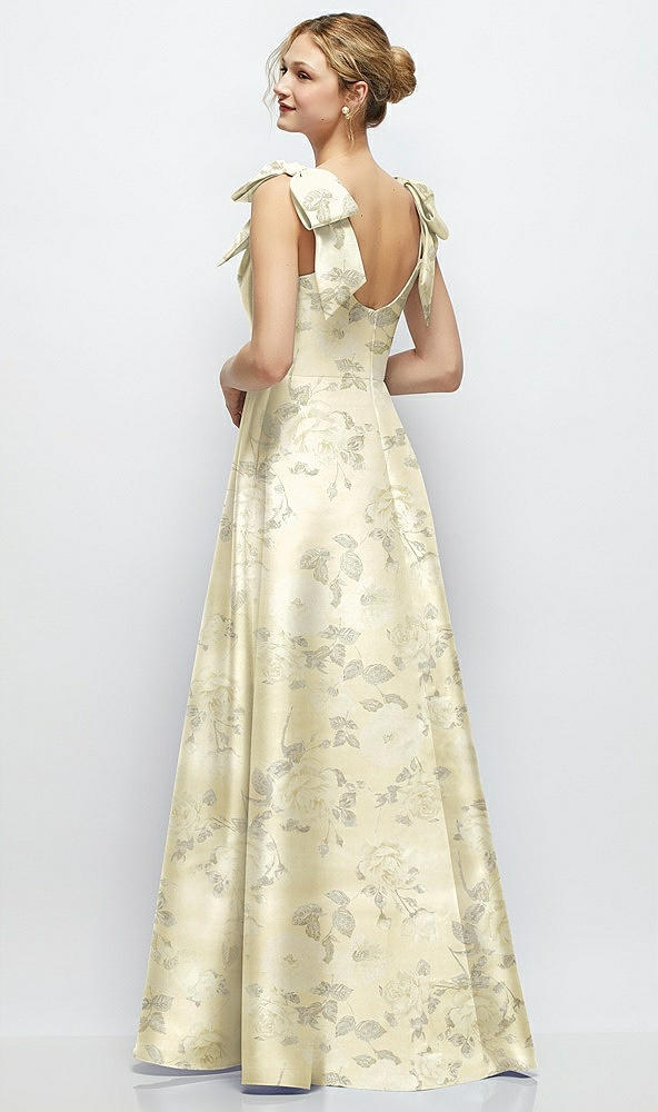 Back View - Butter Yellow Floral Deep V-Neck Floral Satin Ball Gown with Shoulder Bows