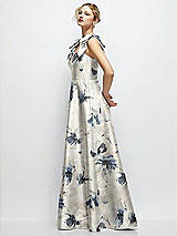Side View Thumbnail - Inkwash Blue Floral Deep V-Neck Floral Satin Ball Gown with Shoulder Bows