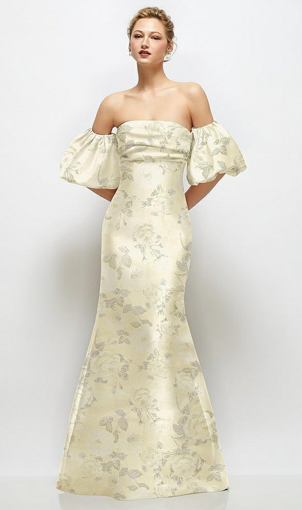 Front View - Butter Yellow Floral Off-the-Shoulder Puff Sleeve Floral Satin Maxi Dress with Flared Skirt
