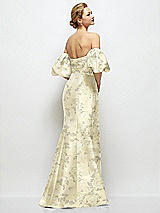 Rear View Thumbnail - Butter Yellow Floral Off-the-Shoulder Puff Sleeve Floral Satin Maxi Dress with Flared Skirt