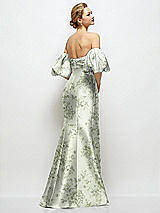 Rear View Thumbnail - Sage Cottage Rose Off-the-Shoulder Puff Sleeve Floral Satin Maxi Dress with Flared Skirt