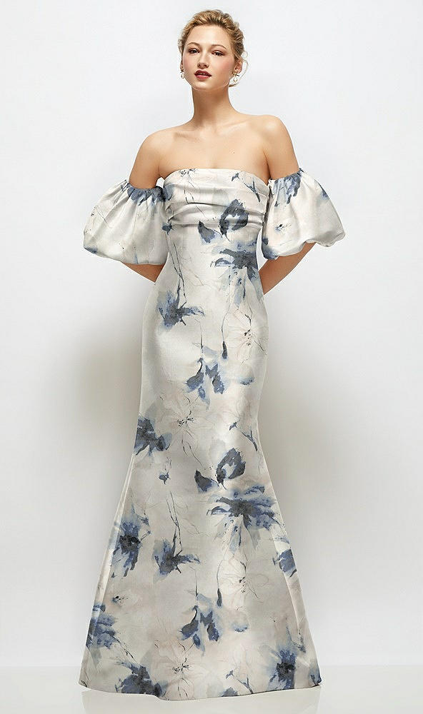 Front View - Inkwash Blue Floral Off-the-Shoulder Puff Sleeve Floral Satin Maxi Dress with Flared Skirt