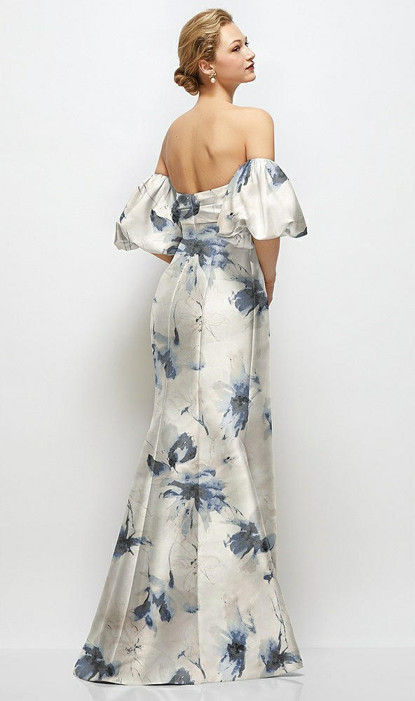 Back View - Inkwash Blue Floral Off-the-Shoulder Puff Sleeve Floral Satin Maxi Dress with Flared Skirt