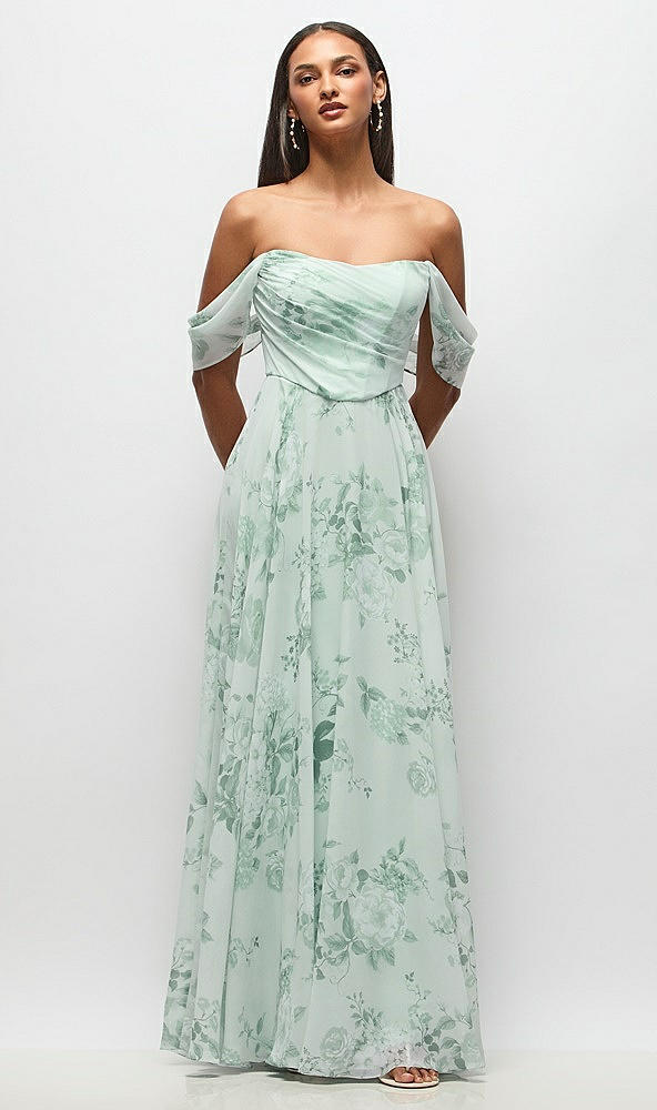 Front View - Mint Green Floral Off-the-Shoulder Basque Corset Floral Chiffon Maxi Dress