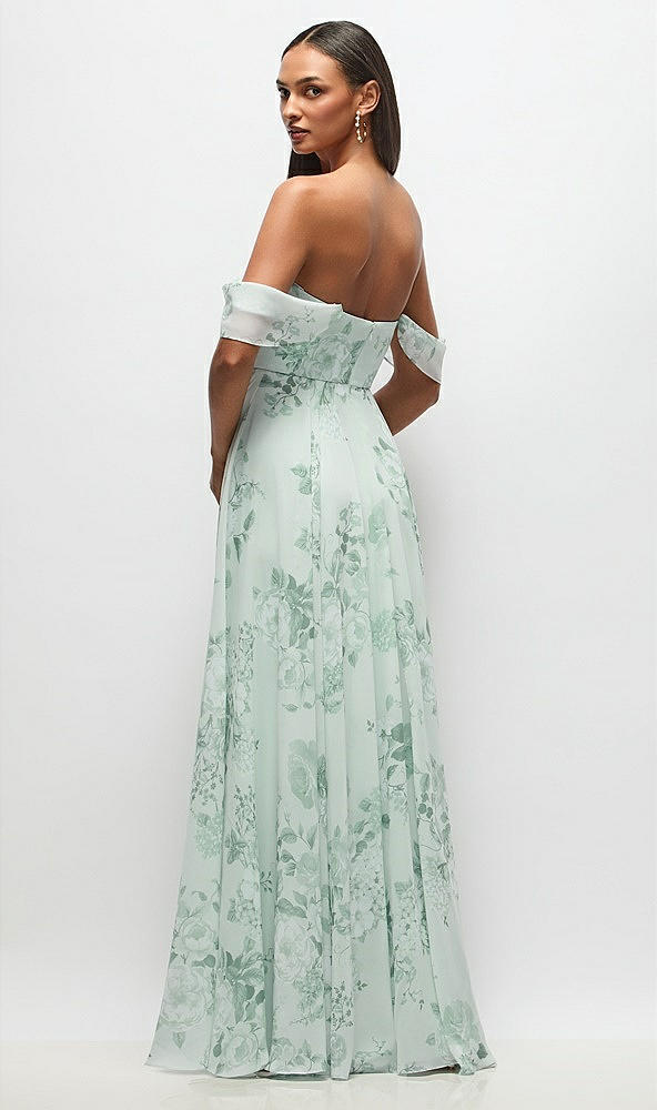 Back View - Mint Green Floral Off-the-Shoulder Basque Corset Floral Chiffon Maxi Dress