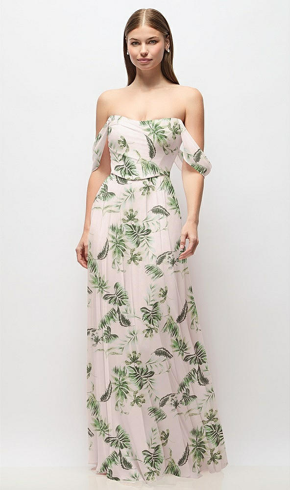 Front View - Palm Beach Print Off-the-Shoulder Basque Corset Floral Chiffon Maxi Dress
