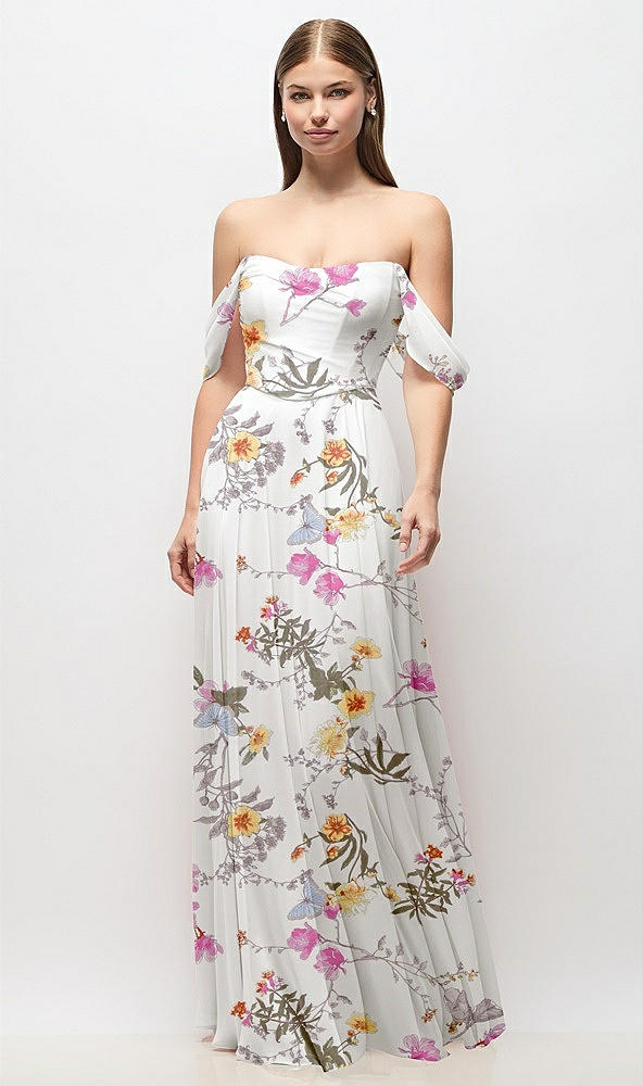 Front View - Butterfly Botanica Ivory Off-the-Shoulder Basque Corset Floral Chiffon Maxi Dress