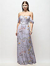 Front View Thumbnail - Butterfly Botanica Silver Dove Off-the-Shoulder Basque Corset Floral Chiffon Maxi Dress