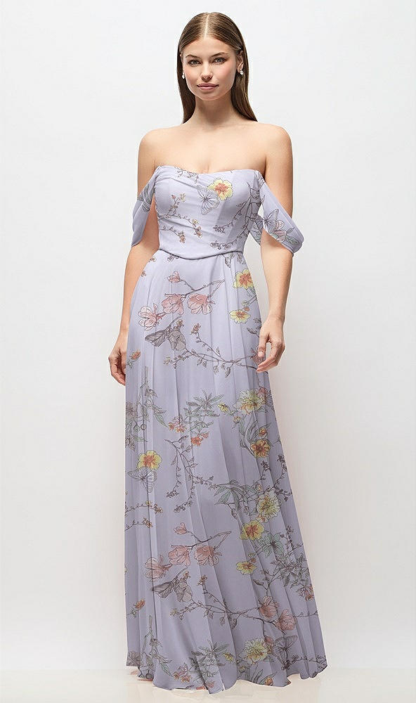 Front View - Butterfly Botanica Silver Dove Off-the-Shoulder Basque Corset Floral Chiffon Maxi Dress