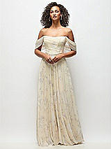 Front View Thumbnail - Butter Yellow Floral Off-the-Shoulder Basque Corset Floral Chiffon Maxi Dress