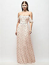 Front View Thumbnail - Coquette Floral Print Off-the-Shoulder Basque Corset Floral Chiffon Maxi Dress
