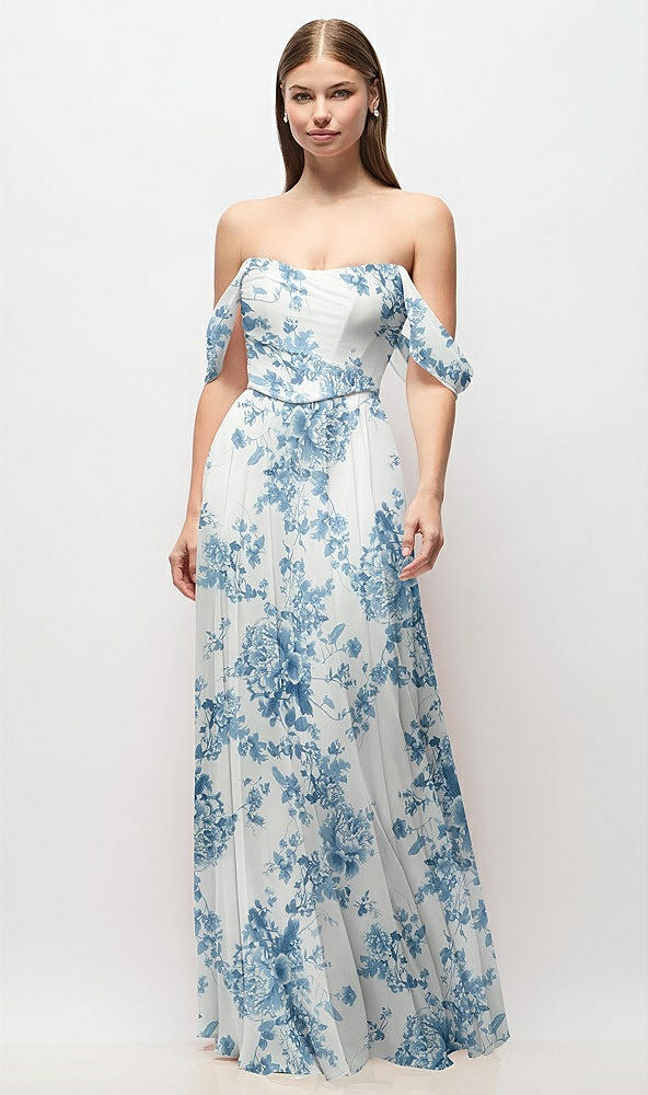 Front View - Cottage Rose Dusk Blue Off-the-Shoulder Basque Corset Floral Chiffon Maxi Dress