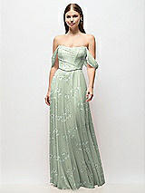 Front View Thumbnail - Vintage Primrose Sage Off-the-Shoulder Basque Corset Floral Chiffon Maxi Dress